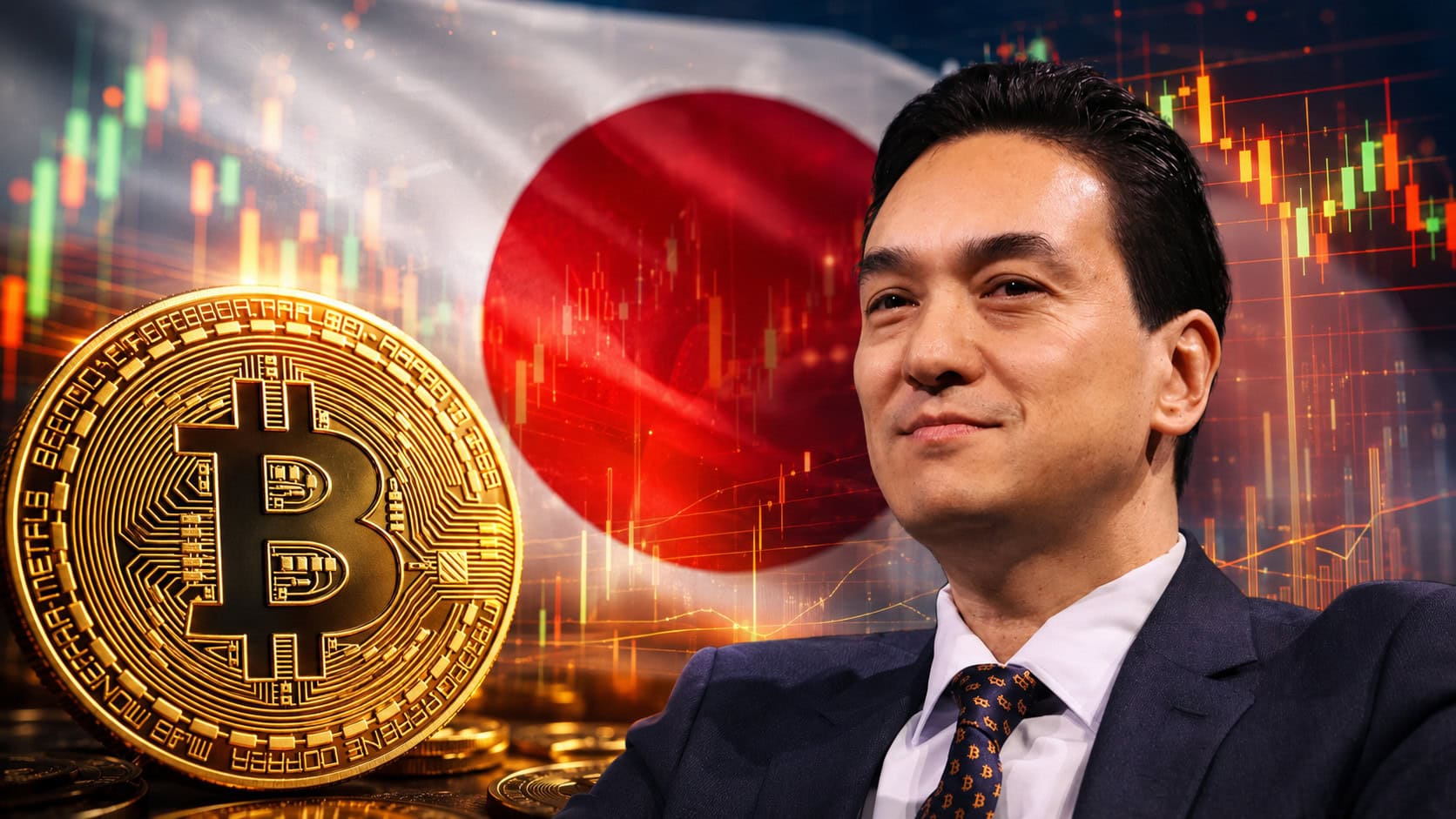Metaplanet-CEO vor Bitcoin-Münze und Japan-Fahne