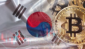 Bitcoin-Münze vor Südkorea-Fahne