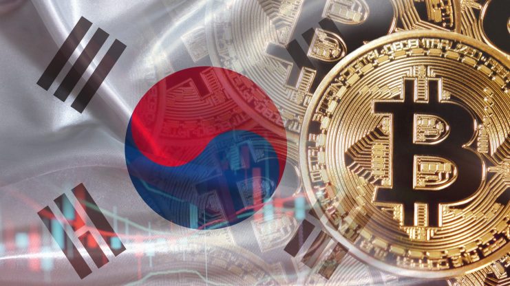 Bitcoin-Münze vor Südkorea-Fahne
