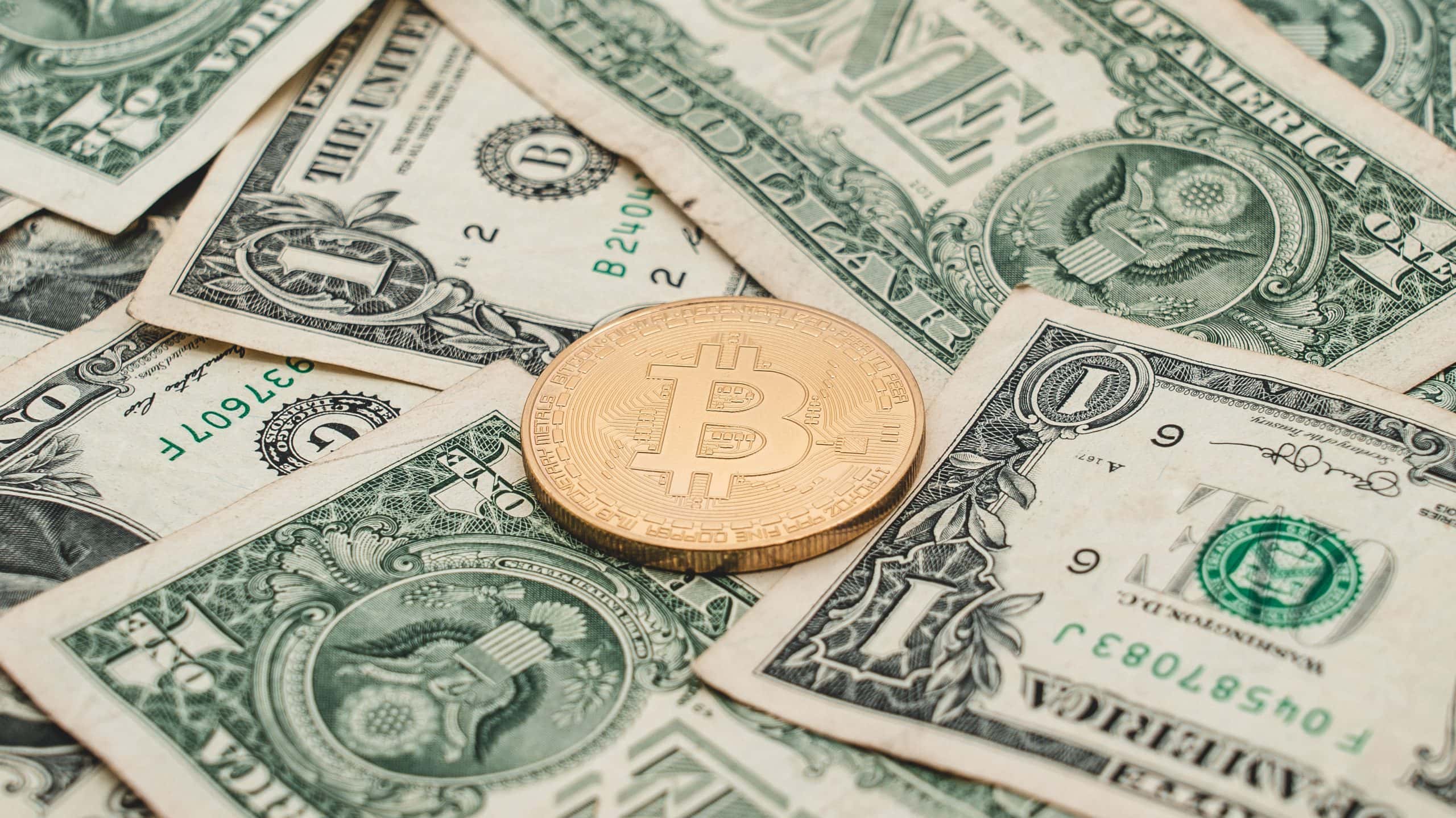 Das Bild zeigt eine Bitcoin-Münze auf US-Dollar-Scheinen
