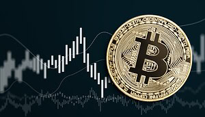 Eine Bitcoin-Münze vor einem weißen Kurschart auf schwarzem Hintergrund