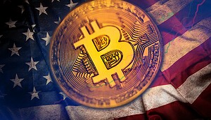 Bitcoin-Münze auf US-Flagge