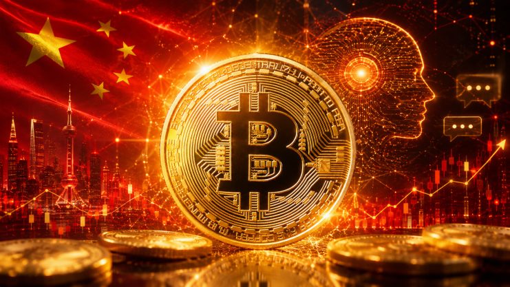 Bitcoin-Münze vor China-Fahne und KI-Symbolik