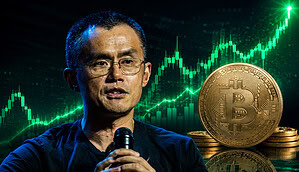 Changpeng "CZ" Zhao vor einer Bitcoin-Münze