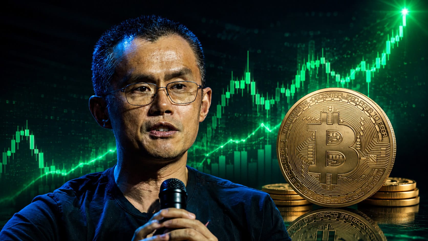 Changpeng "CZ" Zhao vor einer Bitcoin-Münze