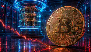 Bitcoin-Münze und Quantencomputer-Symbolik