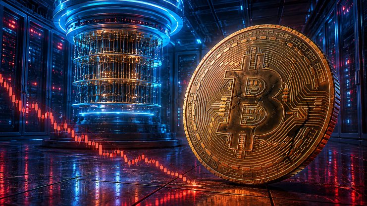 Bitcoin-Münze und Quantencomputer-Symbolik