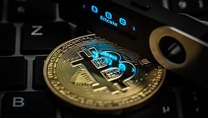 Der Schriftzug Bitcoin ist auf dem Display eines Ledger Nano S Hardware Wallets neben einer symbolischen „Bitcoin Münze“ zu sehen.