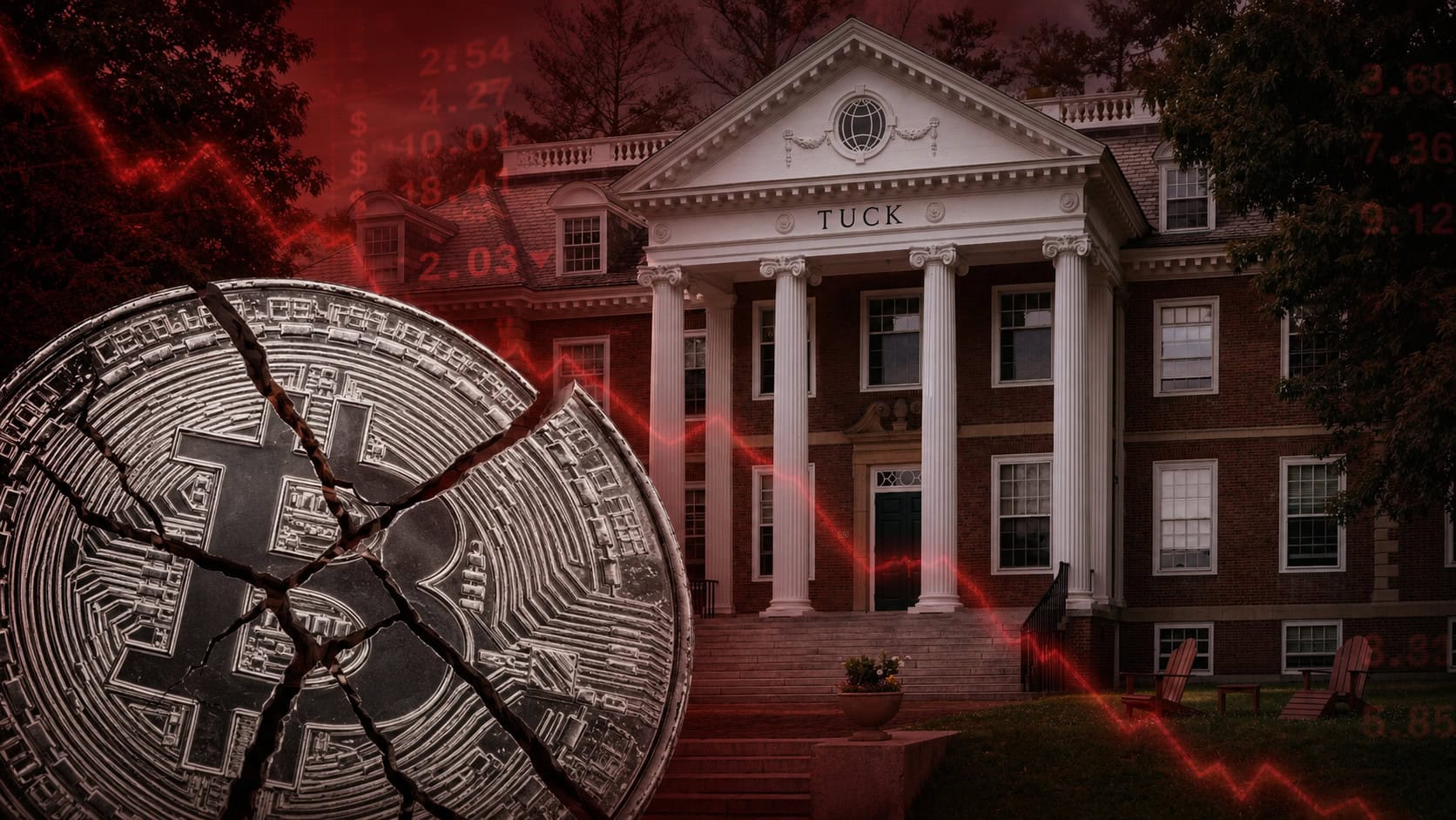 Bitcoin-Münze zerbrochen vor Dartmouth-Gebäude