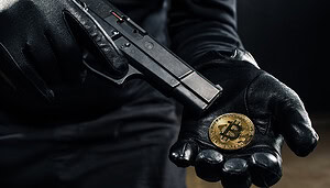 Eine Hand richtet eine Pistole auf eine Bitcoin-Münze