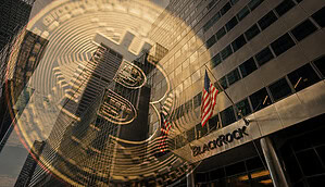 Eine transparente Bitcoin-Münze vor dem BlackRock-Hauptgebäude