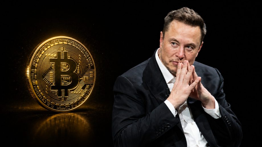 Elon Musk in Denkerpose vor schwarzem Hintergrund. Links von ihm ist eine Bitcoin-Münze eingeblendet.