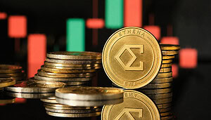 Ethena-Münze vor einem Kurs-Chart.