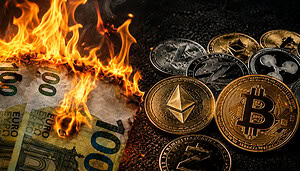 Brennende Euro-Scheine und Krypto-Münzen