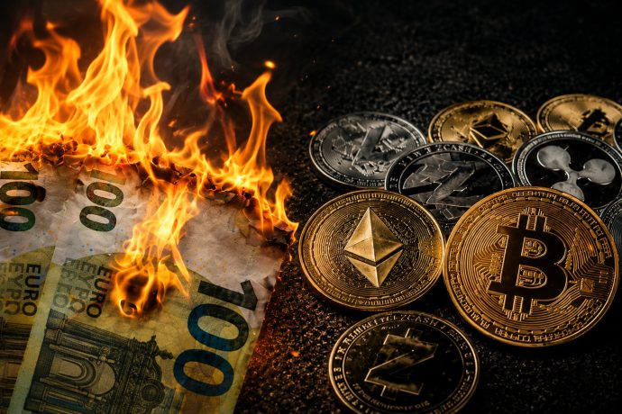 Brennende Euro-Scheine und Krypto-Münzen