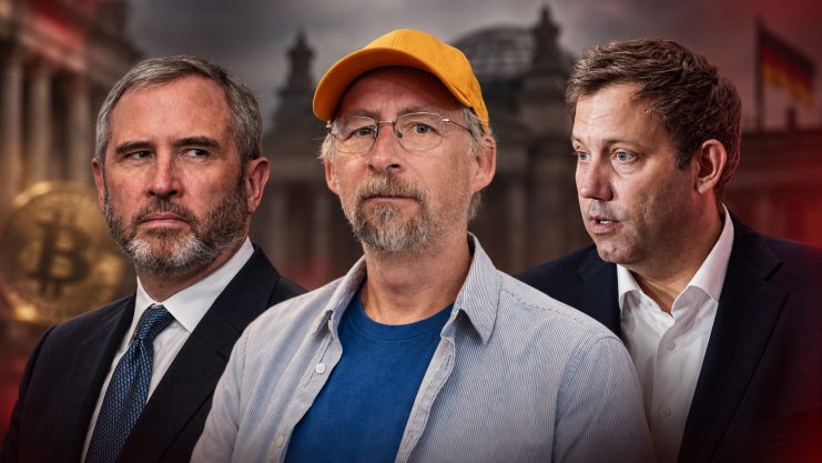 Garlinghouse, Back, Klingbeil vor Bundestag und Bitcoin-Münze