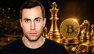 Leon Wankum vor einem Schachbrett-Bitcoin-Hintergrund