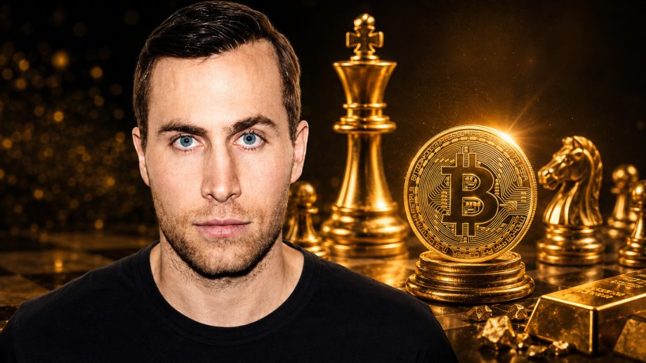 Leon Wankum vor einem Schachbrett-Bitcoin-Hintergrund
