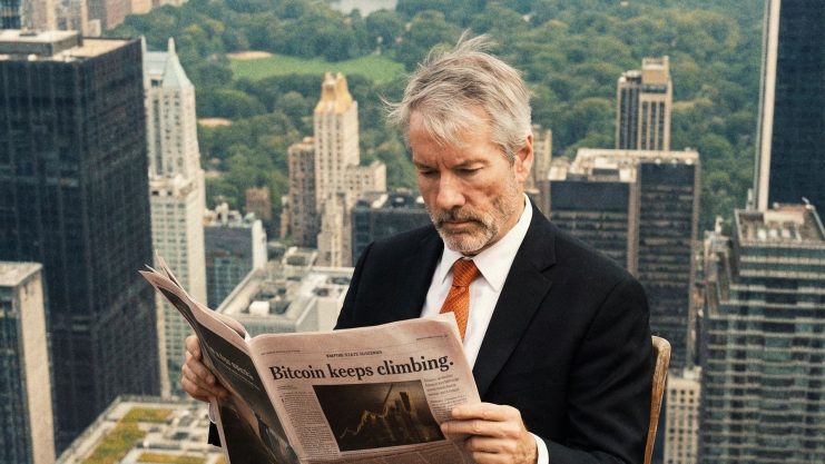 Bitcoin zieht wieder an Michael Saylor liest eine fiktive Bitcoin-Zeitung, offenbar in New York
