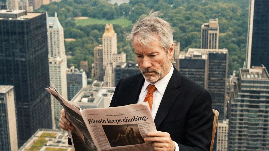 Michael Saylor liest eine fiktive Bitcoin-Zeitung, offenbar in New York