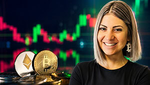 Frau vor Chart, daneben Bitcoin- und Ethereum-Münzen