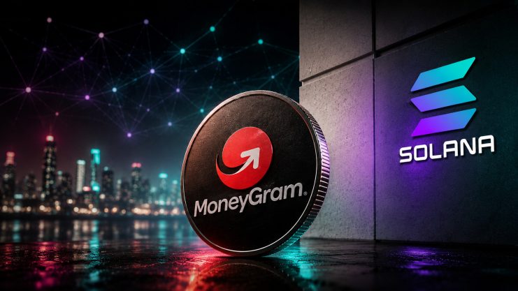 Eine MoneyGram-Münze vor dem Solana-Logo, eingebettet in eine moderne digitale Stadtkulisse.