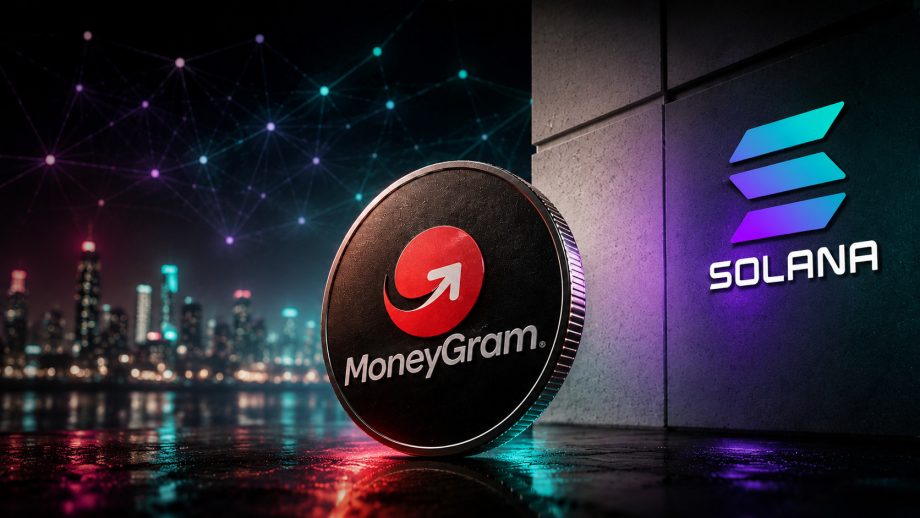 Eine MoneyGram-Münze vor dem Solana-Logo, eingebettet in eine moderne digitale Stadtkulisse.