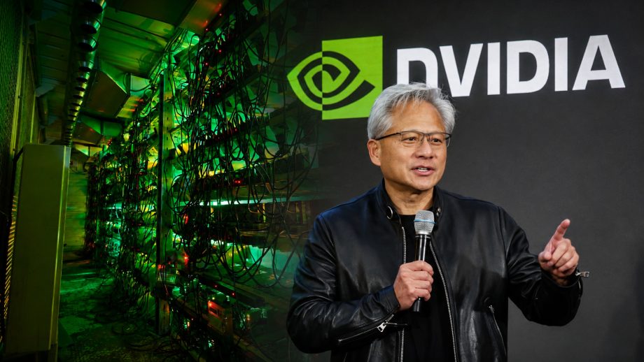 Nvidia-Chef Jensen Huang vor einer Krypto-Mining-Anlage