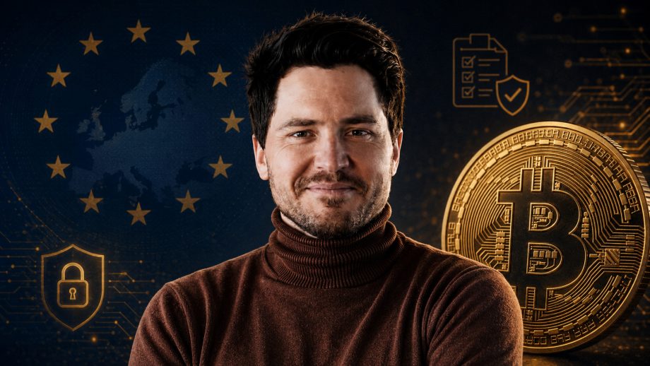 Trezor-CEO vor Bitcoin-Münze und EU-Fahne
