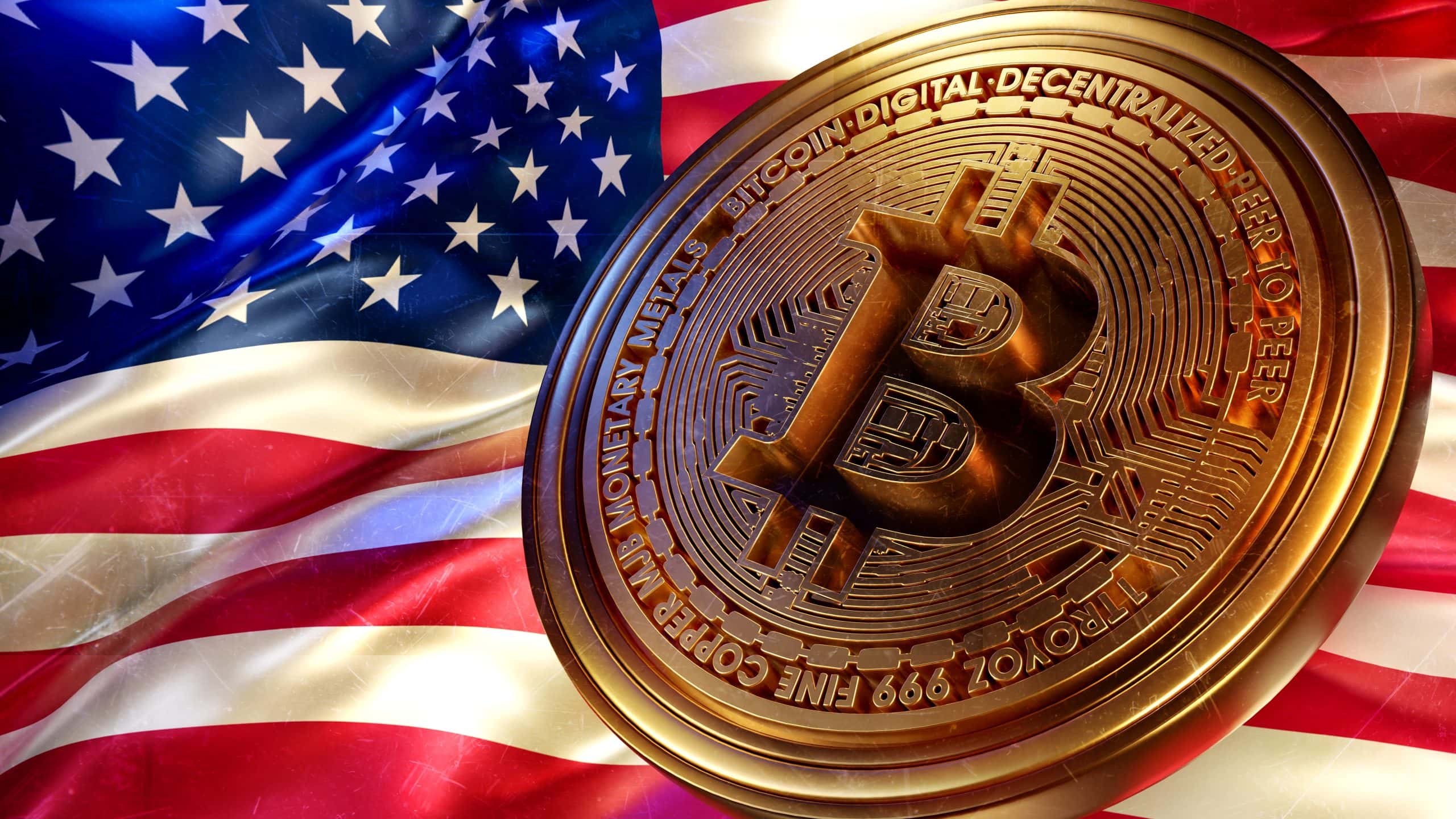 Eine Bitcoin-Münze auf der US-Flagge.