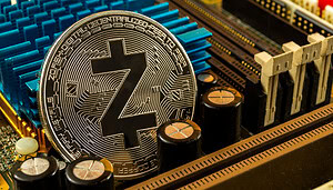 Eine Nahaufnahme einer ZCash-Münze.