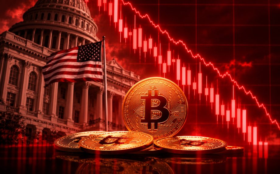 Goldene Bitcoin-Münzen vor dem US-Kapitol und einer US-Flagge, im Hintergrund zeigt ein roter Kurschart deutlich nach unten.