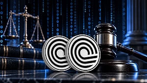 Das Ondo Logo auf einem blauen Hintergrund mit den Gerichtssymbolen Hammer und Waage