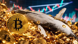Bitcoin-Wal inmitten zahlreicher goldener Bitcoin-Münzen vor einem Krypto-Kurschart.