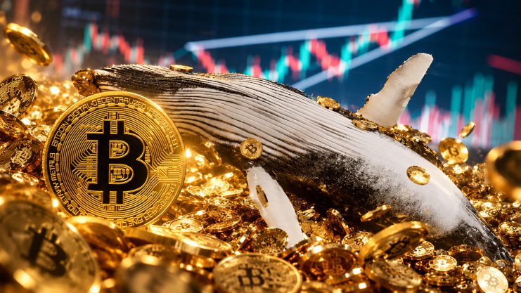Bitcoin-Wal inmitten zahlreicher goldener Bitcoin-Münzen vor einem Krypto-Kurschart.