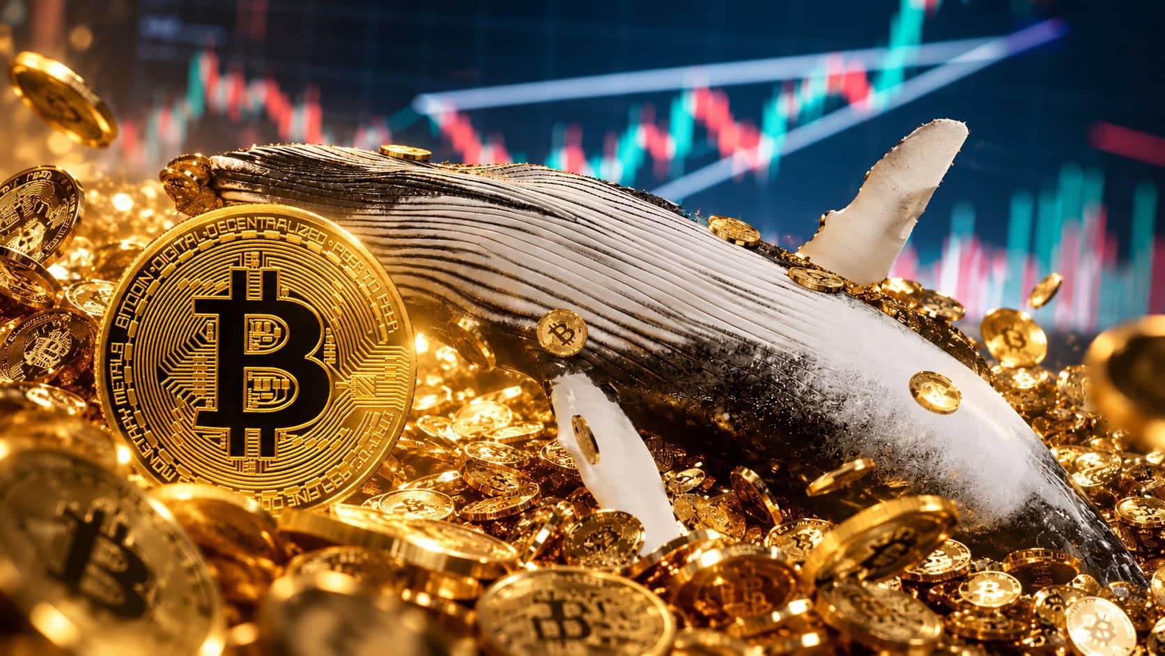 Bitcoin-Wal inmitten zahlreicher goldener Bitcoin-Münzen vor einem Krypto-Kurschart.