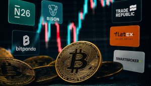 Krypto-Handel mit Bitcoin vor einem Kurschart sowie den Logos von N26, Bitpanda, Bison, Trade Republic, flatex und Smartbroker.