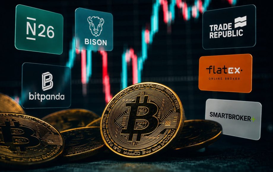 Krypto-Handel mit Bitcoin vor einem Kurschart sowie den Logos von N26, Bitpanda, Bison, Trade Republic, flatex und Smartbroker.