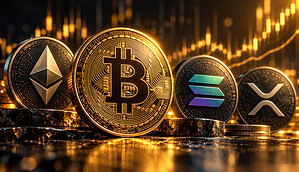 Das Bild zeigt eine Bitcoin-Münze und Altcoin-Münzen