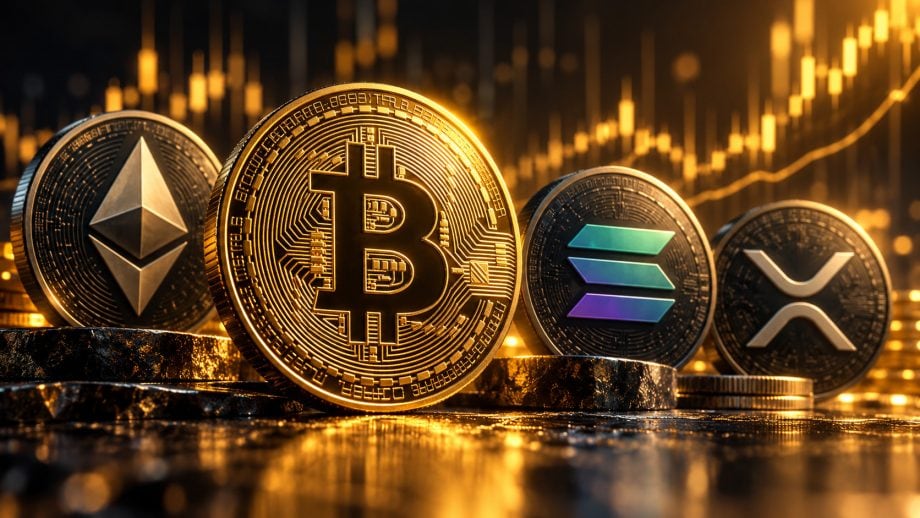 Das Bild zeigt eine Bitcoin-Münze und Altcoin-Münzen
