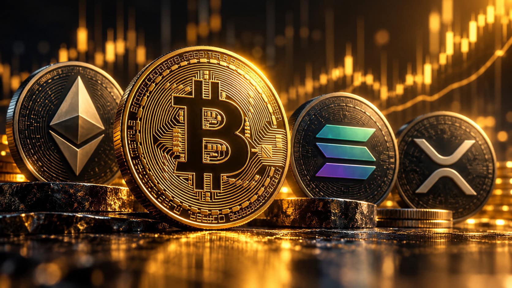 Das Bild zeigt eine Bitcoin-Münze und Altcoin-Münzen