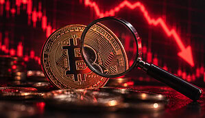 Bitcoin-Münze und eine Lupe