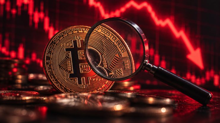 Bitcoin-Münze und eine Lupe