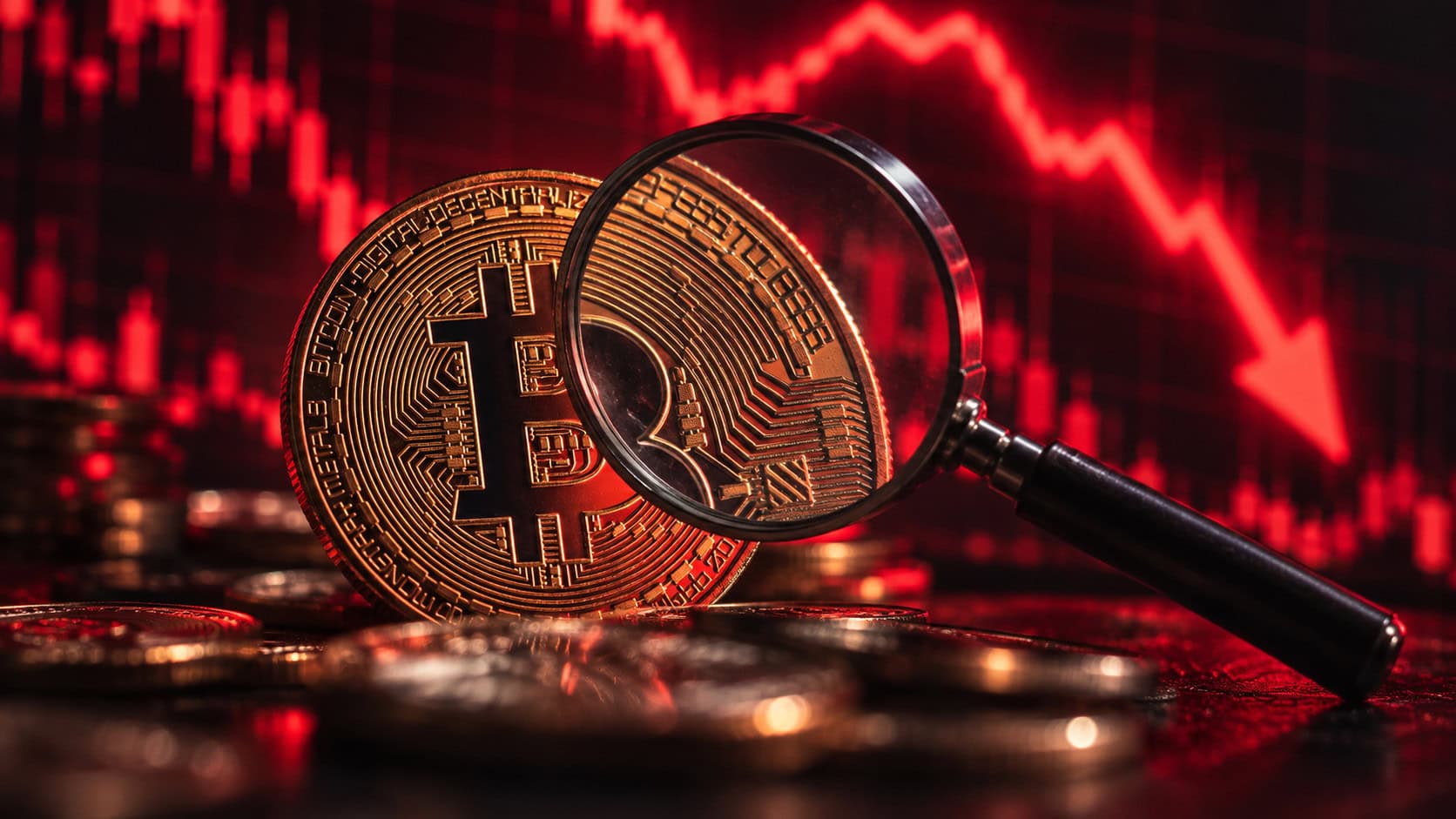 Bitcoin-Münze und eine Lupe