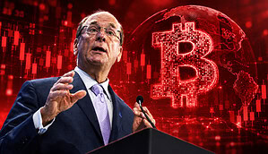 Larry Fink vor einem Bitcoin-Symbol