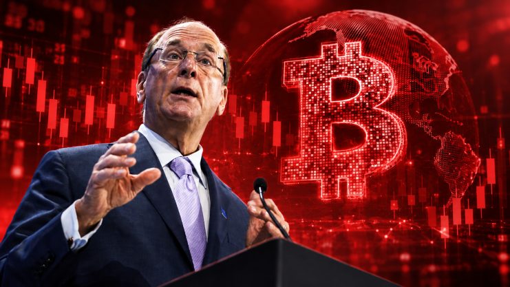 Larry Fink vor einem Bitcoin-Symbol