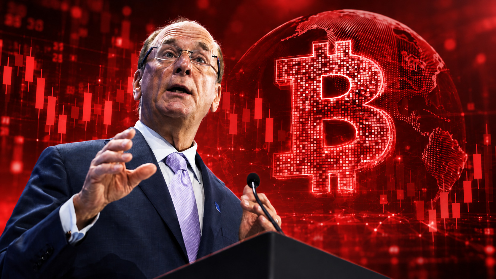 Larry Fink vor einem Bitcoin-Symbol