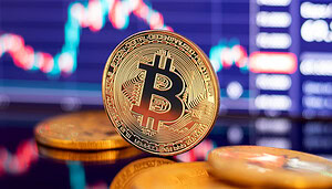 Eine Bitcoin-Münze vor einem Chart