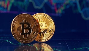 Zwei Bitcoin-Münzen vor einem Chart