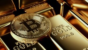 Bitcoin-Münze und Gold-Barren